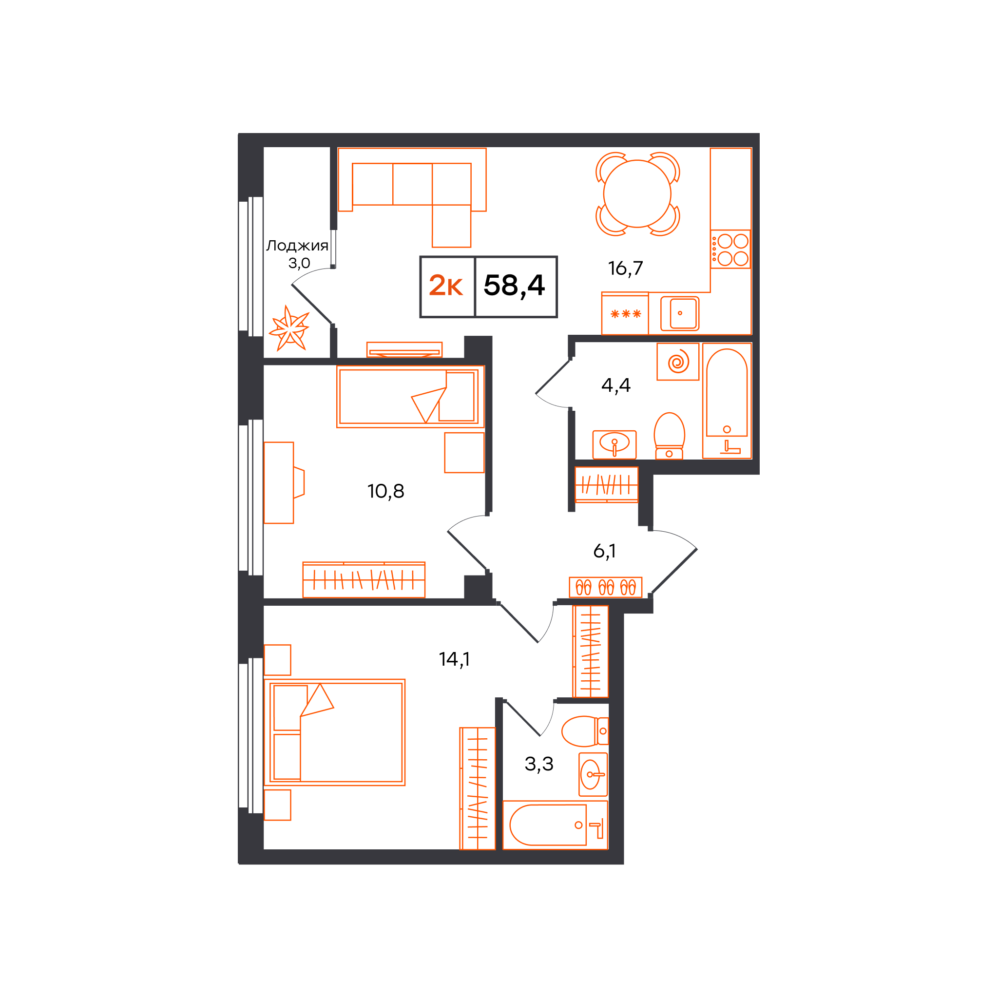 2-комнатная 58 м2 в ЖК Отличие корпус null этаж 7
