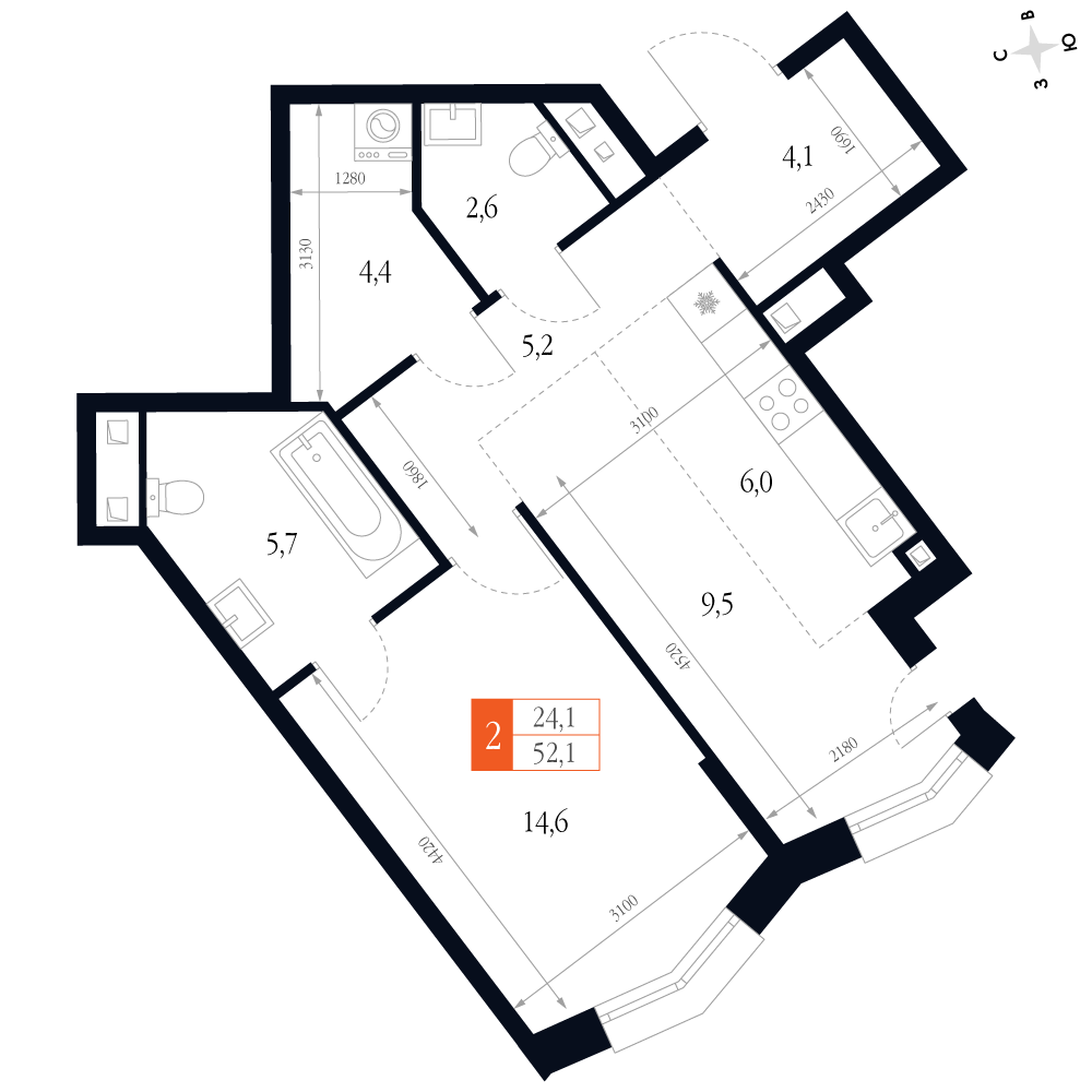 2-комнатная 52 м2 в ЖК Фордевинд корпус null этаж 5