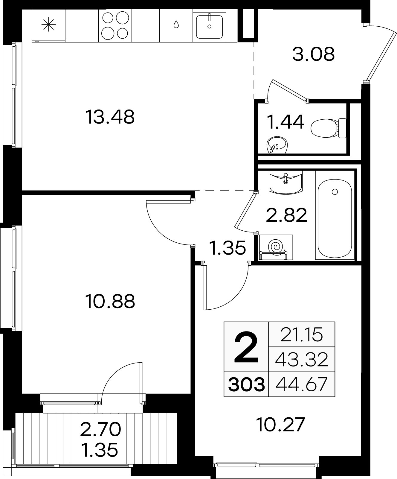 2-комнатная 44 м2 в ЖК Glorax Новинки корпус null этаж 8