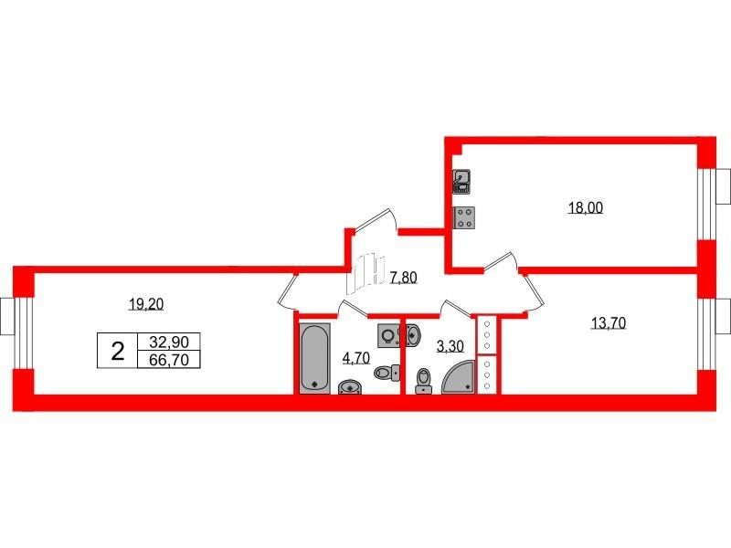 2-комнатная 66 м2 в ЖК Парусная 1 корпус null этаж 3