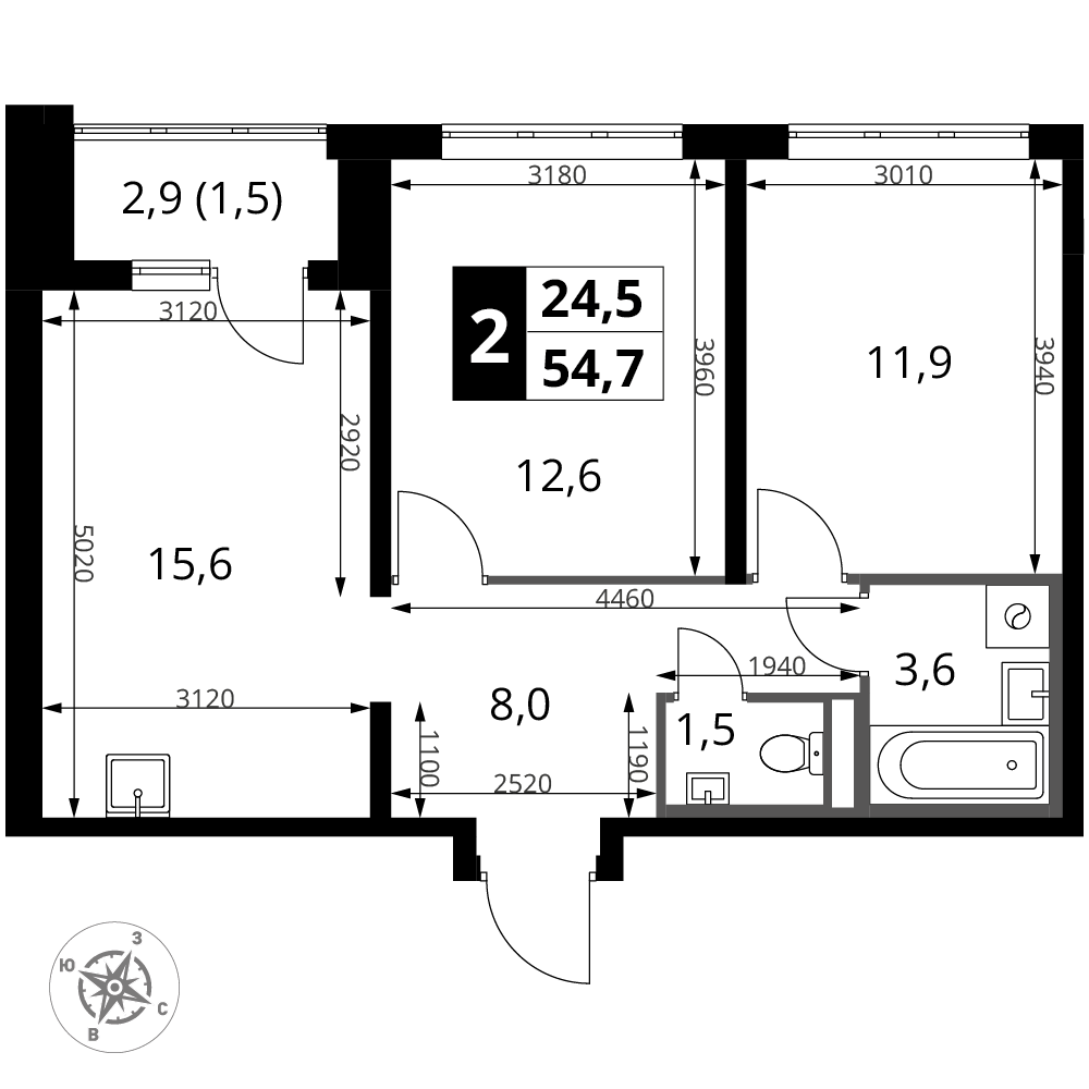 2-комнатная 54 м2 в ЖК 1-й Донской корпус null этаж 2
