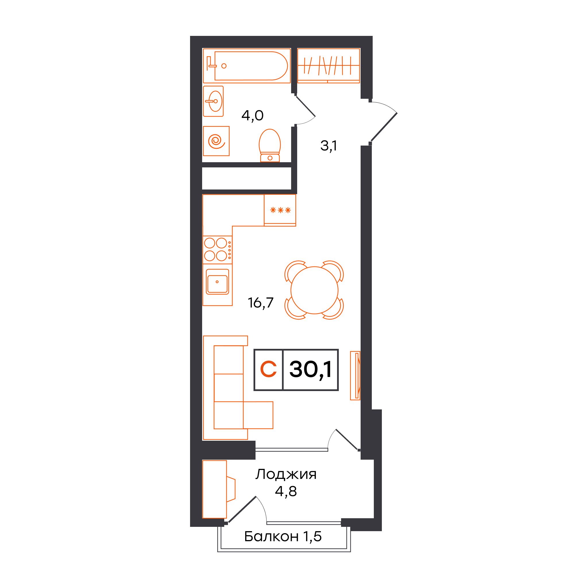 Студия 30 м2 в ЖК УНО. Умный квартал корпус null этаж 16