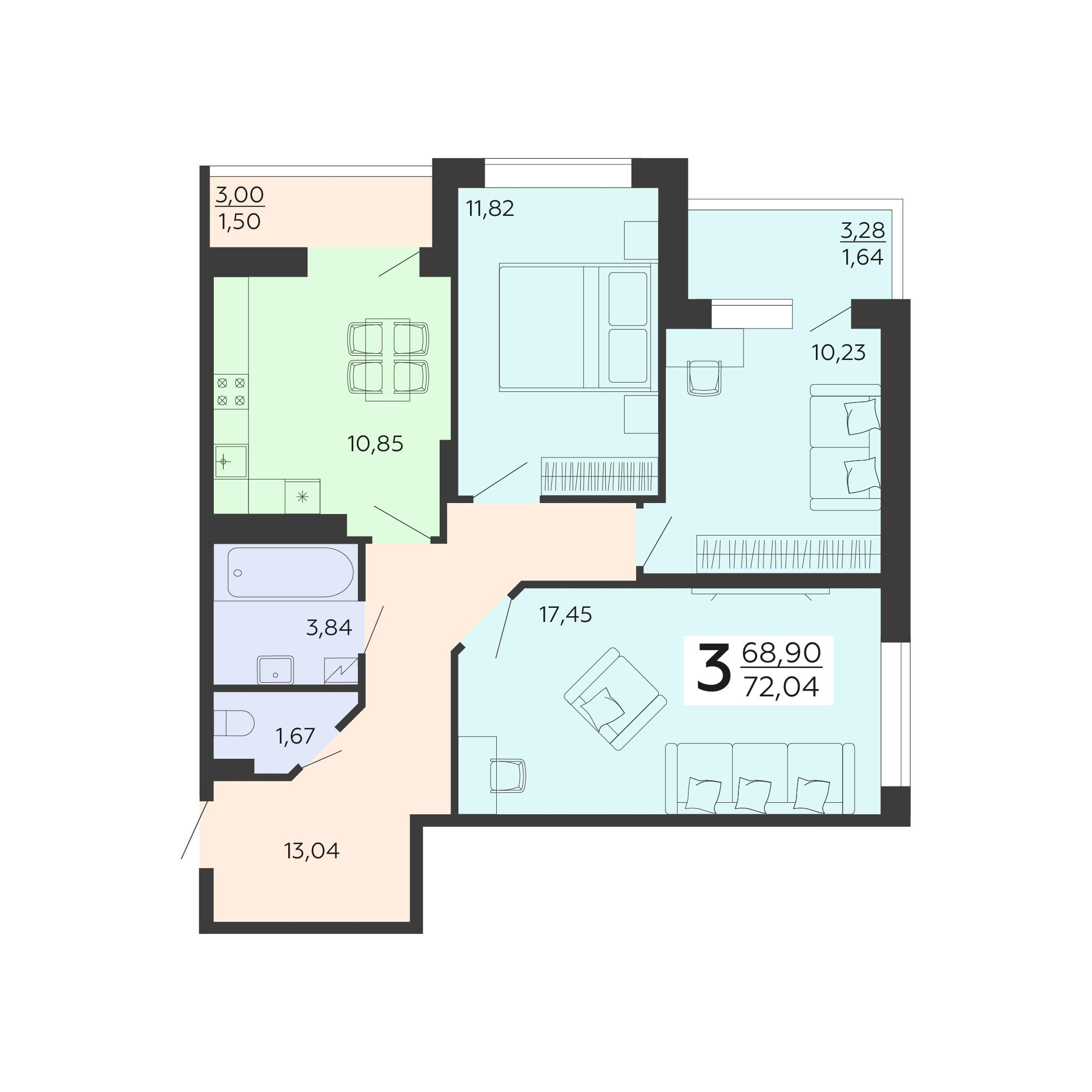 3-комнатная 72 м2 в ЖК Галактика 2|3 корпус null этаж 15