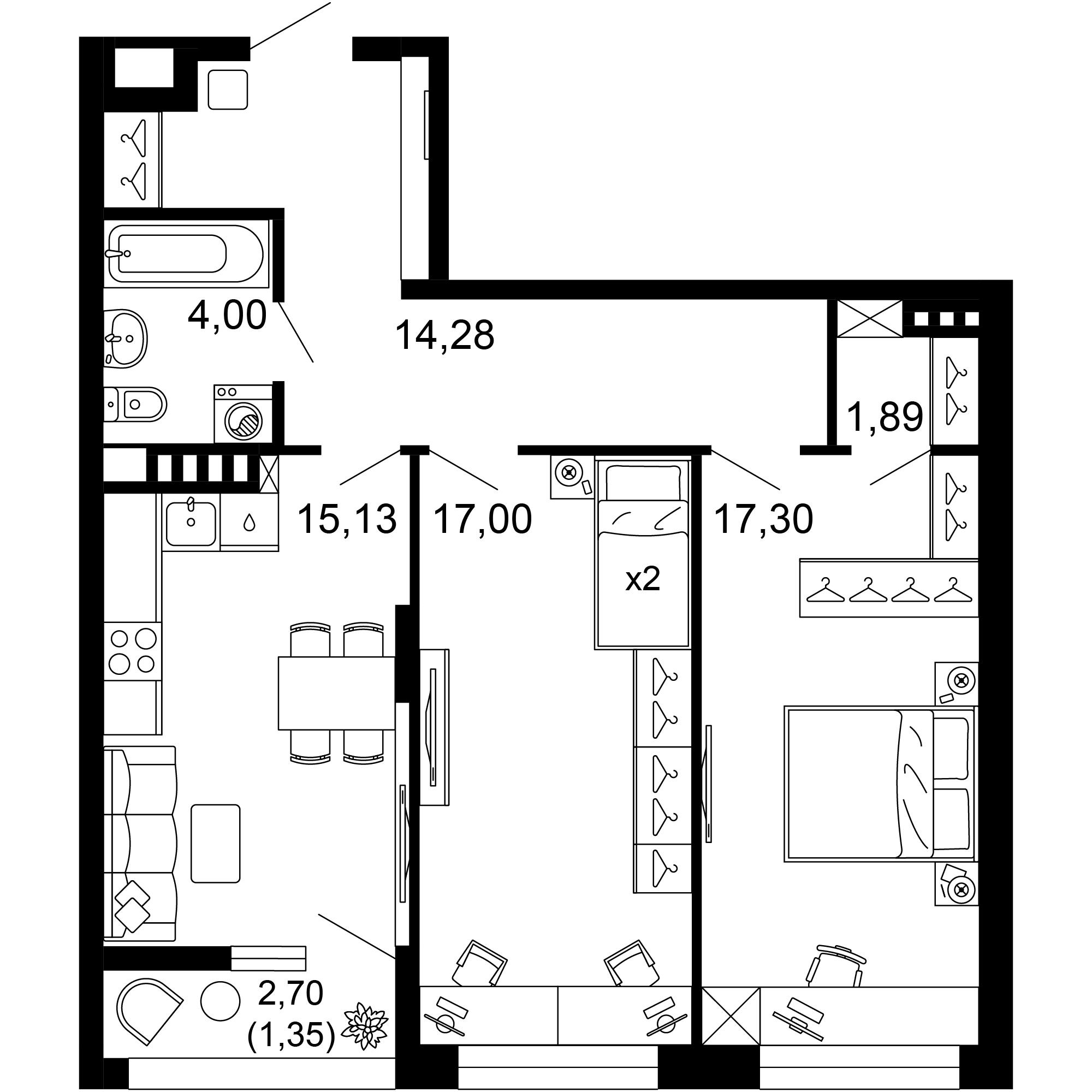 2-комнатная 70 м2 в ЖК 1799 корпус null этаж 3
