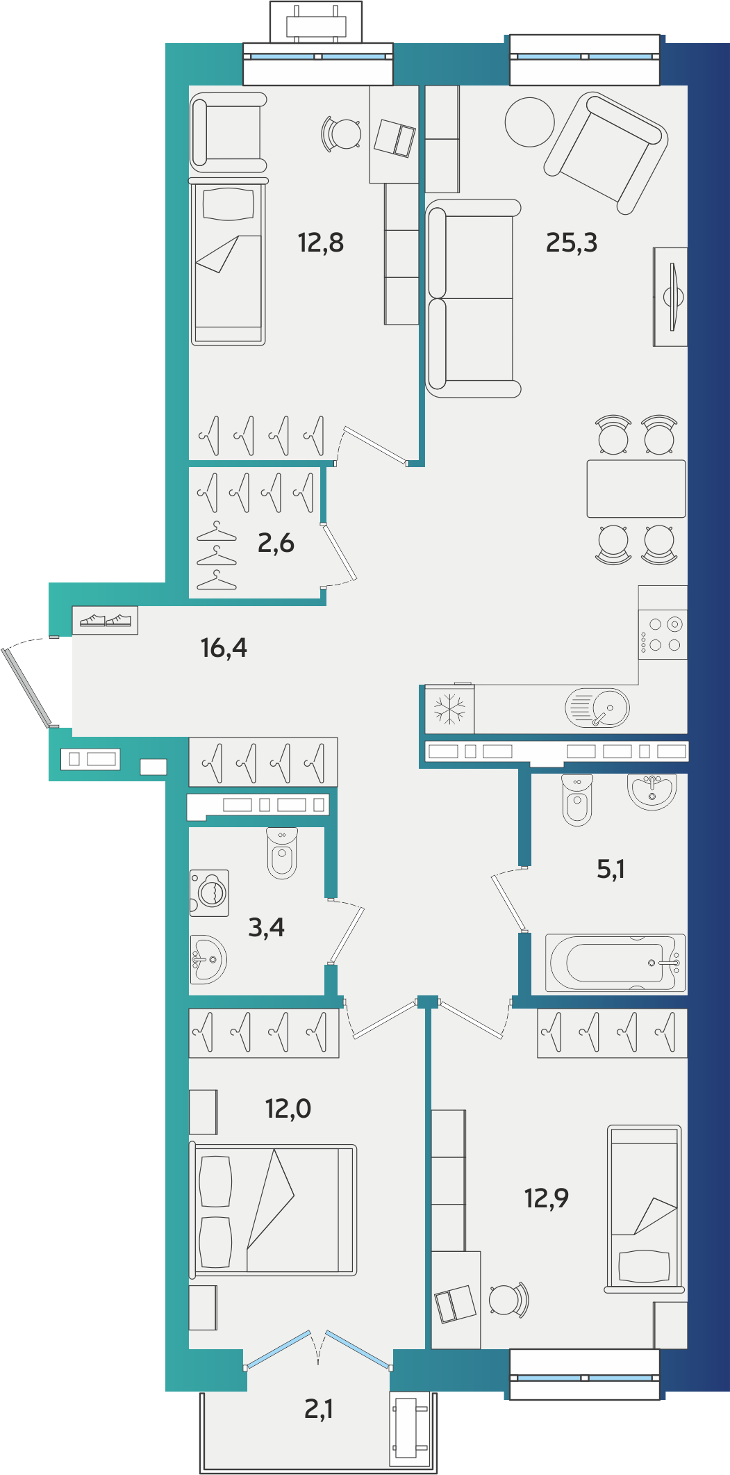 3-комнатная 90 м2 в ЖК Экополис корпус null этаж 2