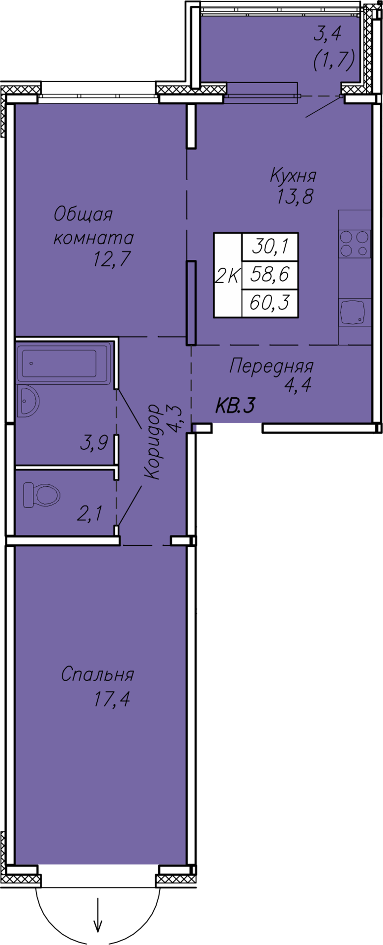 2-комнатная 60 м2 в ЖК Квартет корпус null этаж 1