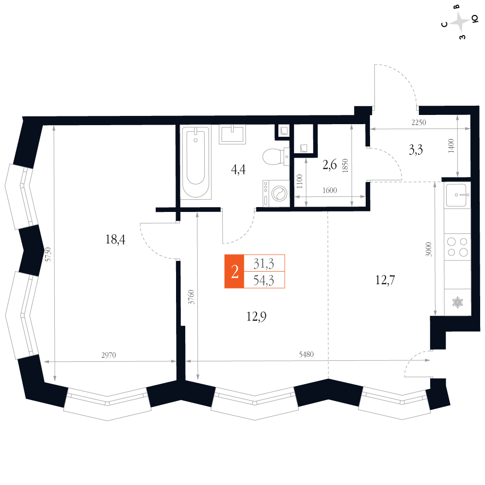 2-комнатная 54 м2 в ЖК Фордевинд корпус null этаж 5