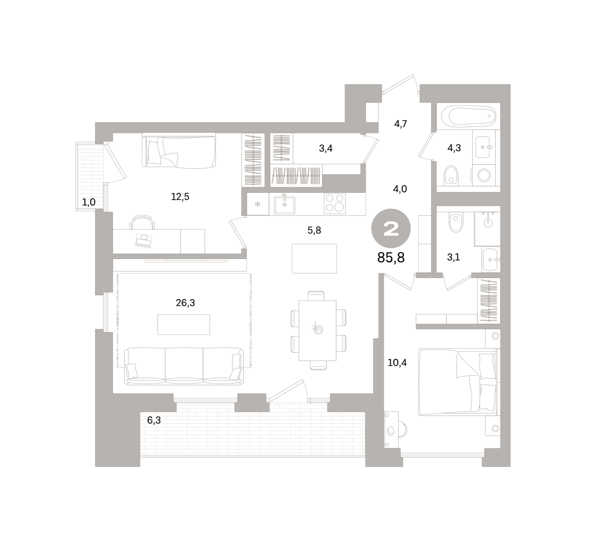 2-комнатная 85 м2 в ЖК Северный ветер корпус null этаж 6