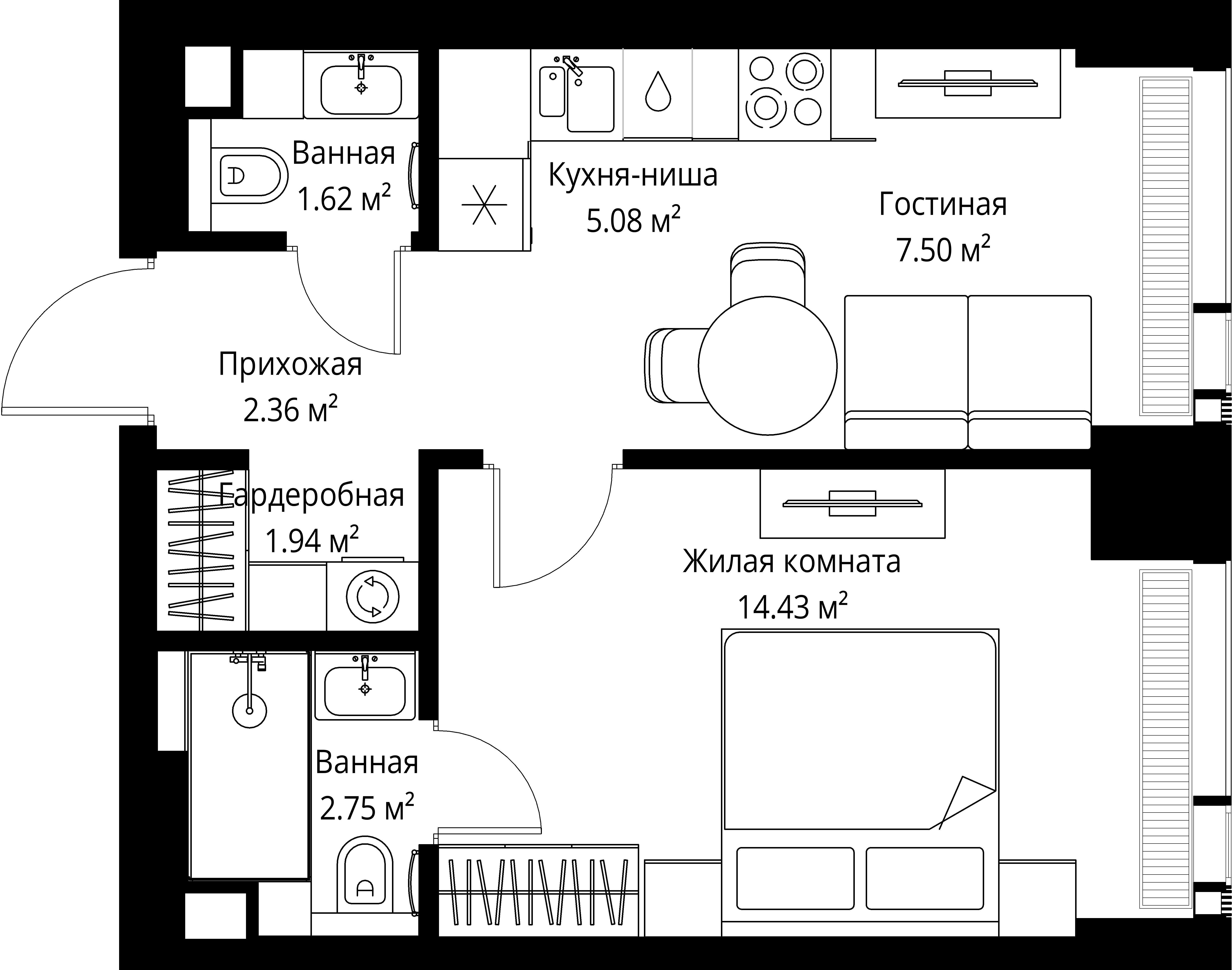 1-комнатная 35 м2 в ЖК ВЕЕР корпус null этаж 4