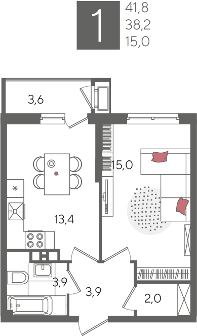 1-комнатная 41 м2 в ЖК Рекорд 2 корпус null этаж 8