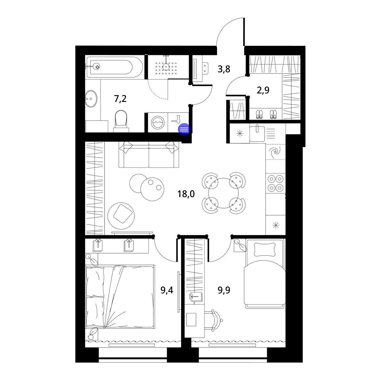 2-комнатная 52 м2 в ЖК ГринЛайт корпус null этаж 4