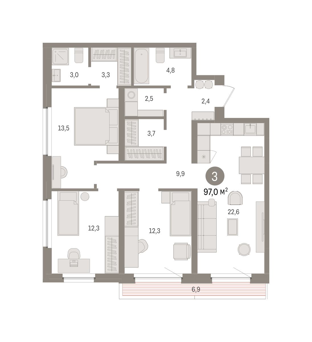 3-комнатная 97 м2 в ЖК Зарека корпус null этаж 10