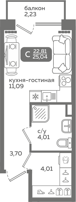 Студия 22 м2 в ЖК Меридиан Слобода корпус null этаж 2