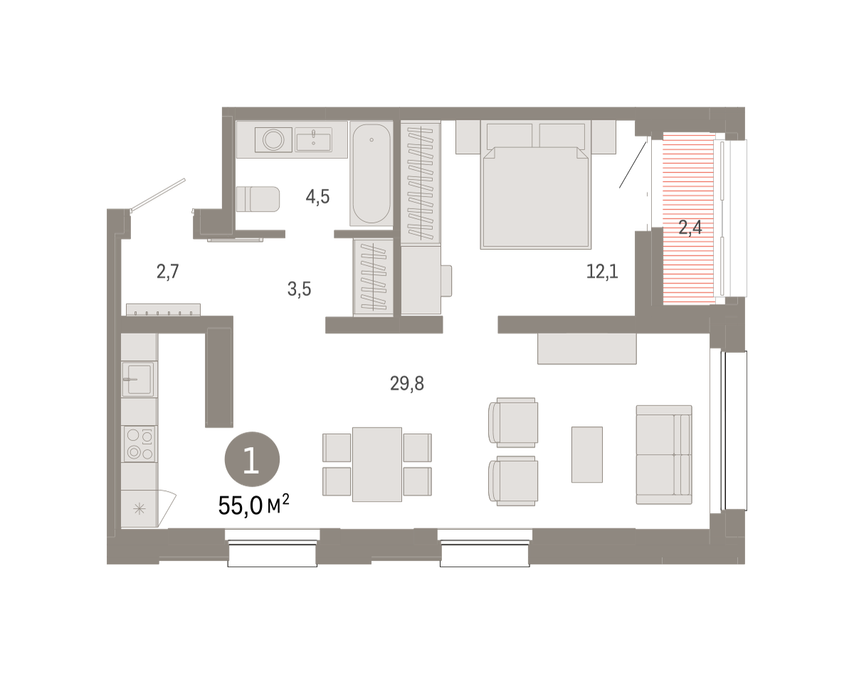 1-комнатная 55 м2 в ЖК Квартал Нефть корпус null этаж 13