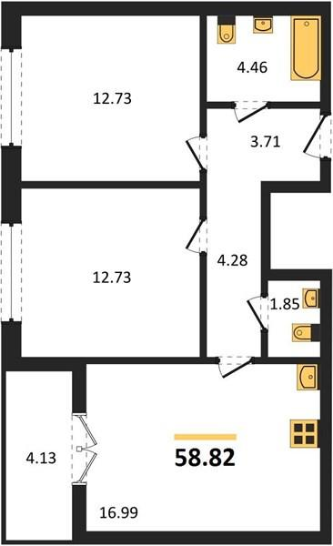 2-комнатная 58.8 м2 в ЖК undefined корпус null этаж 11