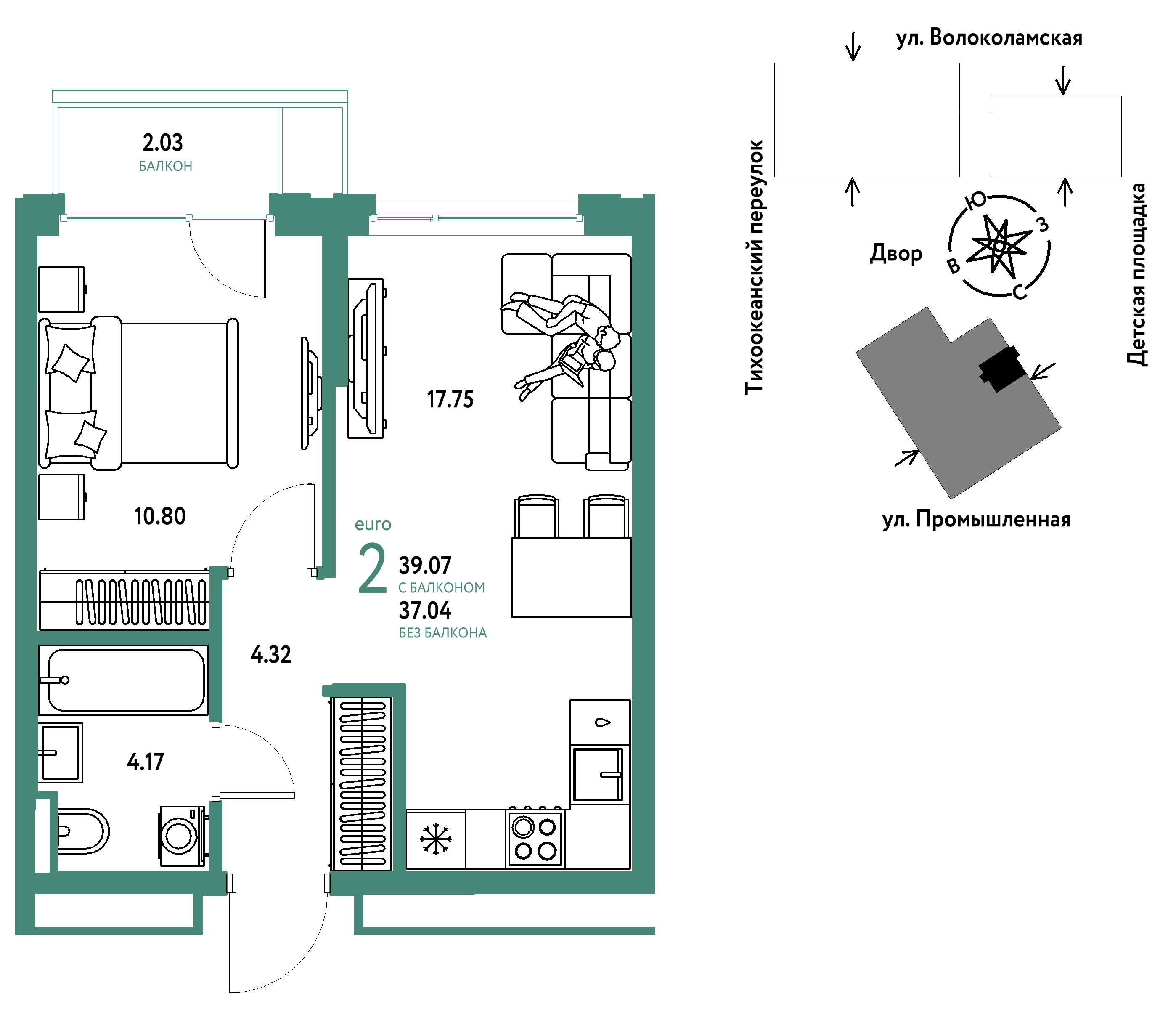 2-комнатная 39 м2 в ЖК Страна.Прибрежная корпус null этаж 7