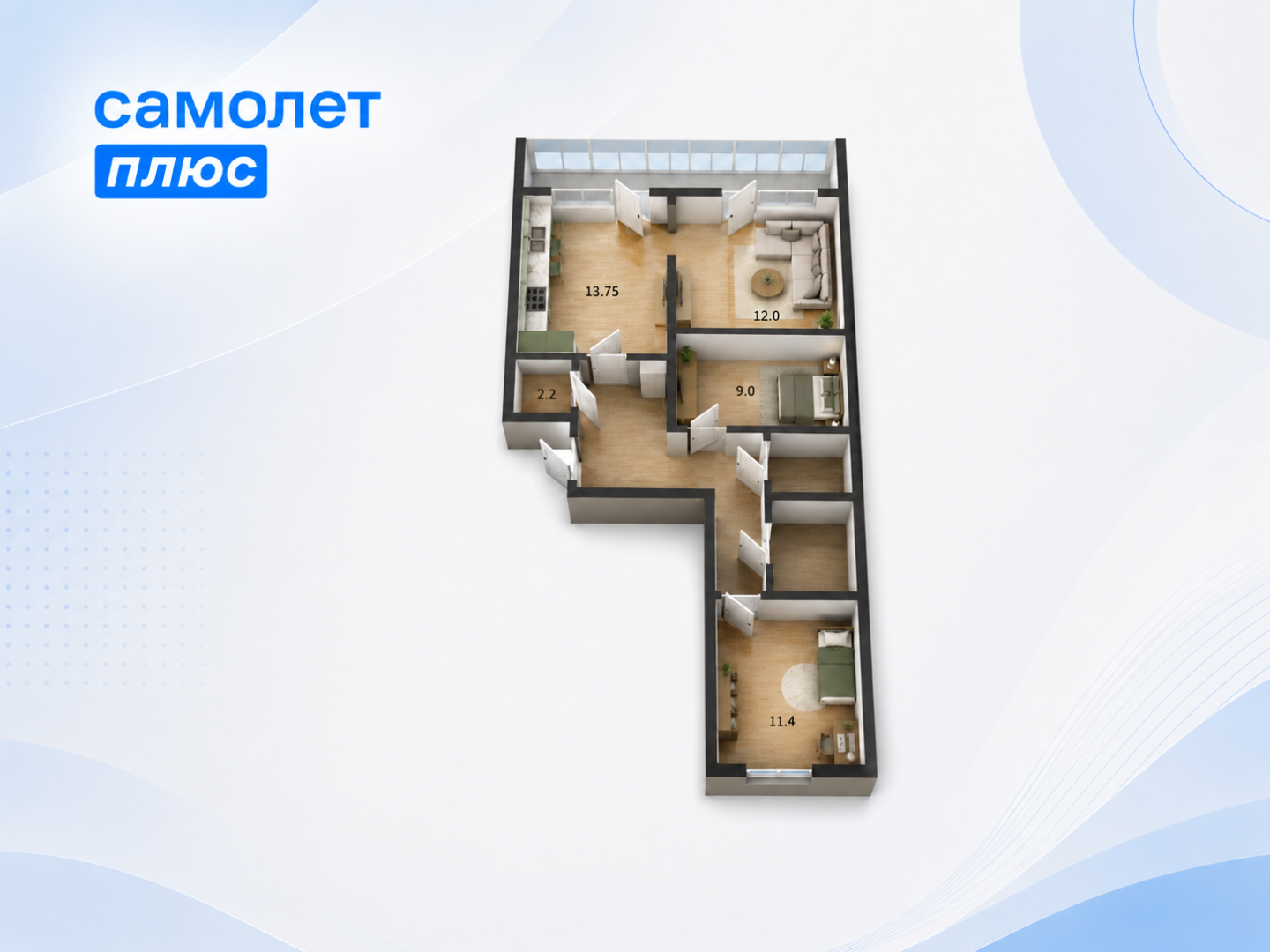 3-комнатная 66.5 м2 в ЖК undefined корпус null этаж 16