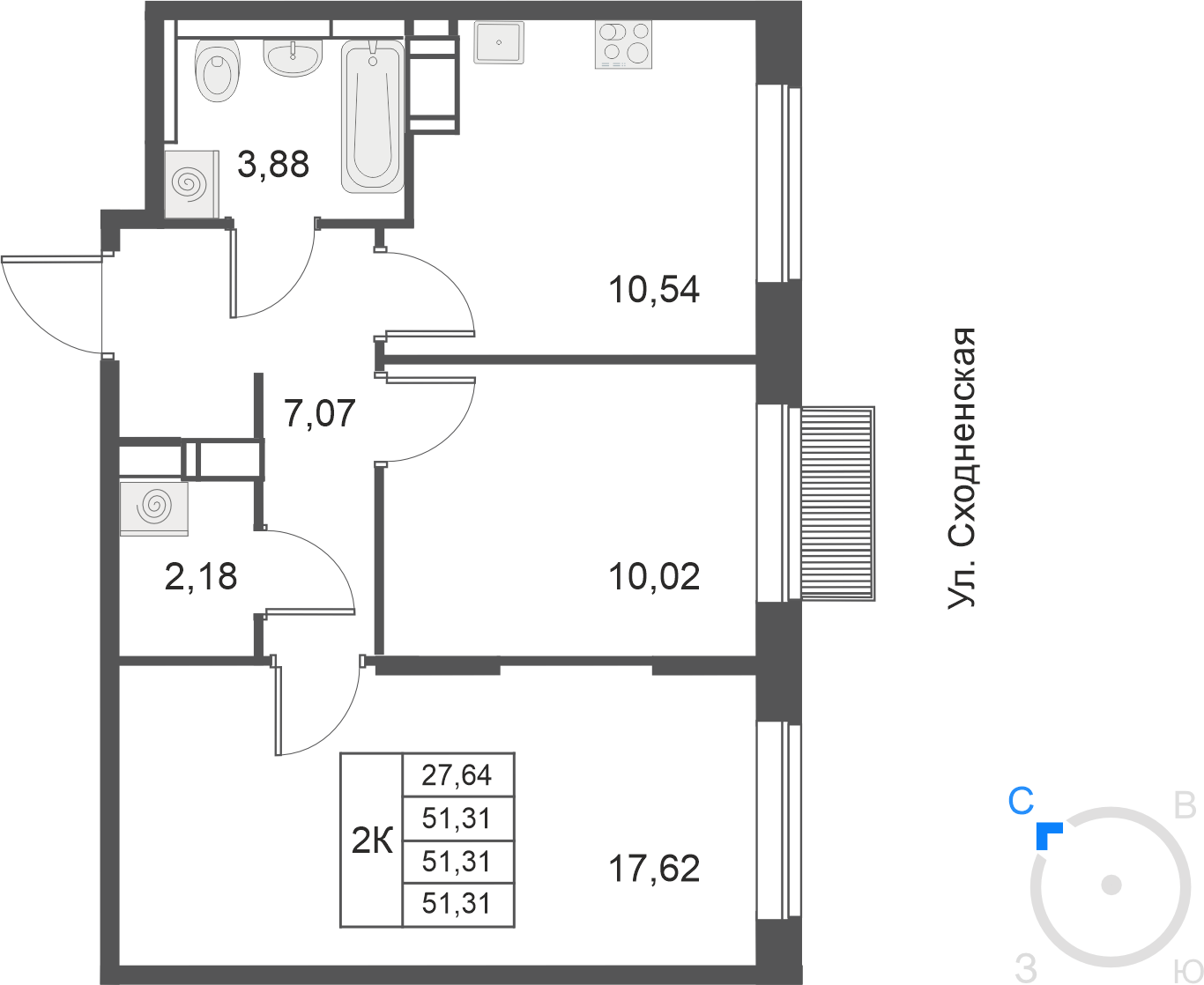 2-комнатная 51 м2 в ЖК Большое Путилково (УРАЛСИБ) корпус null этаж 12