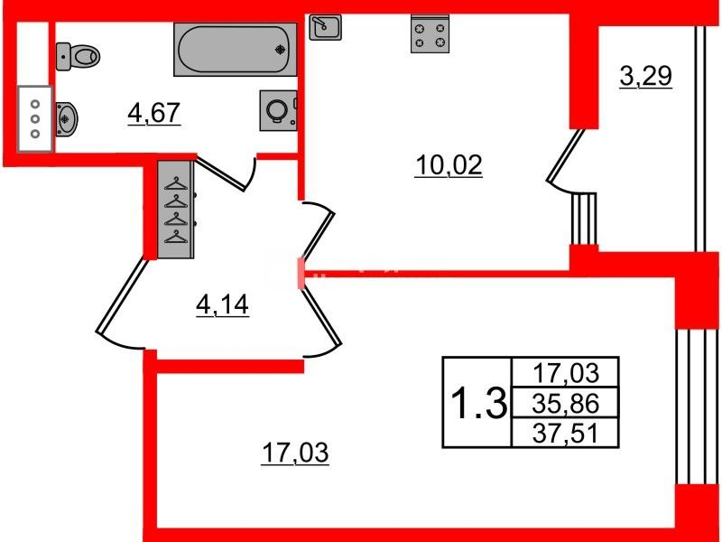 1-комнатная 35 м2 в ЖК Астра Континенталь корпус null этаж 9