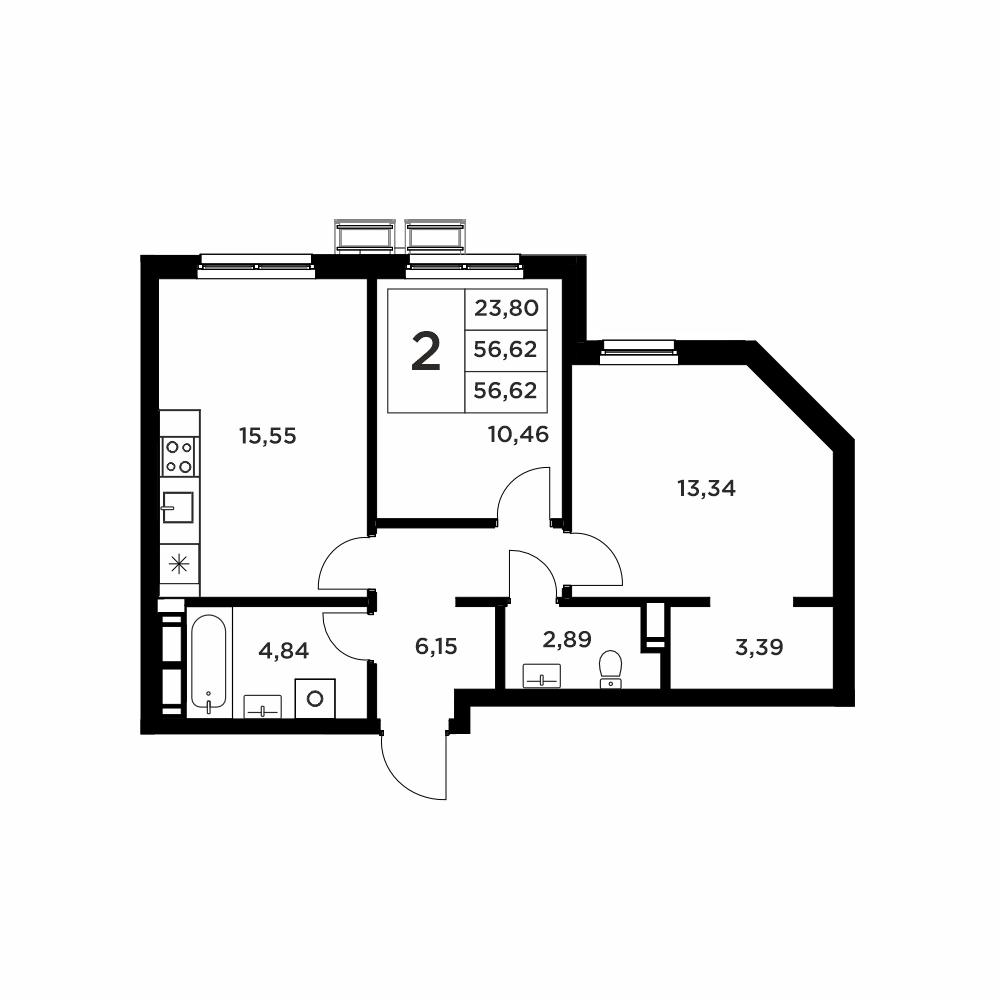 2-комнатная 56 м2 в ЖК Соседи корпус null этаж 9