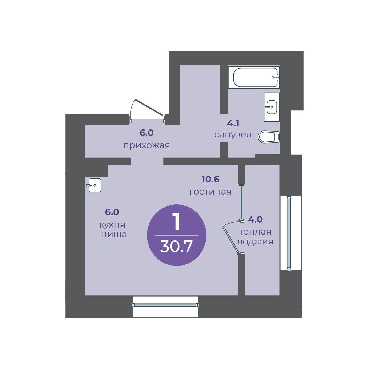 1-комнатная 30 м2 в ЖК Перемены корпус null этаж 13