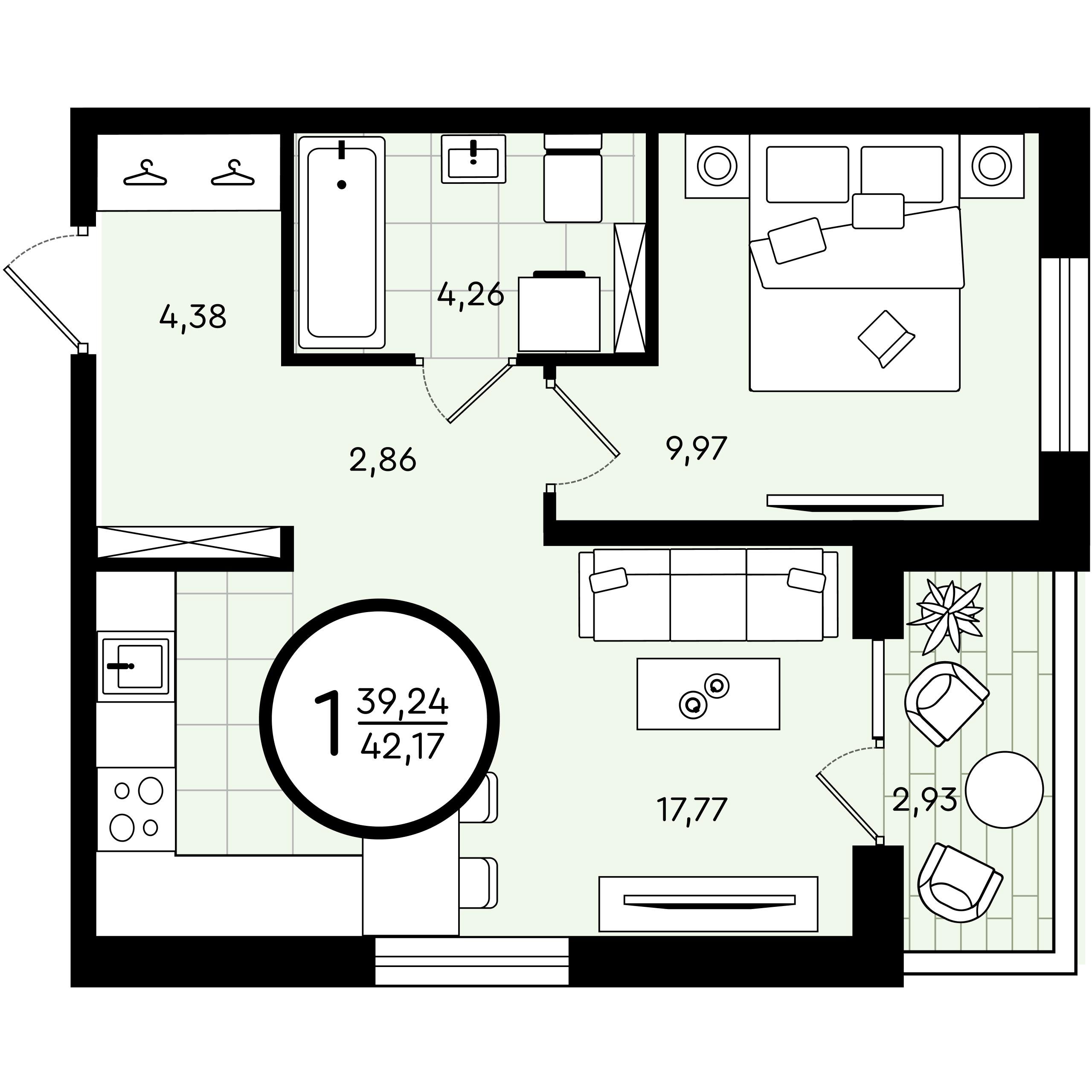 1-комнатная 42 м2 в ЖК Зеленые Аллеи корпус null этаж 1