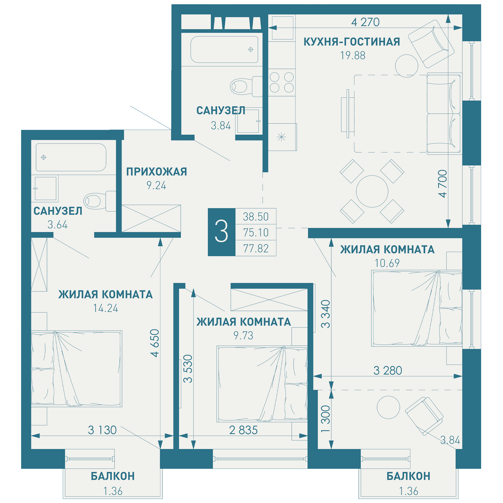 3-комнатная 80 м2 в ЖК ИНАЧЕ в Молодежном корпус null этаж 2