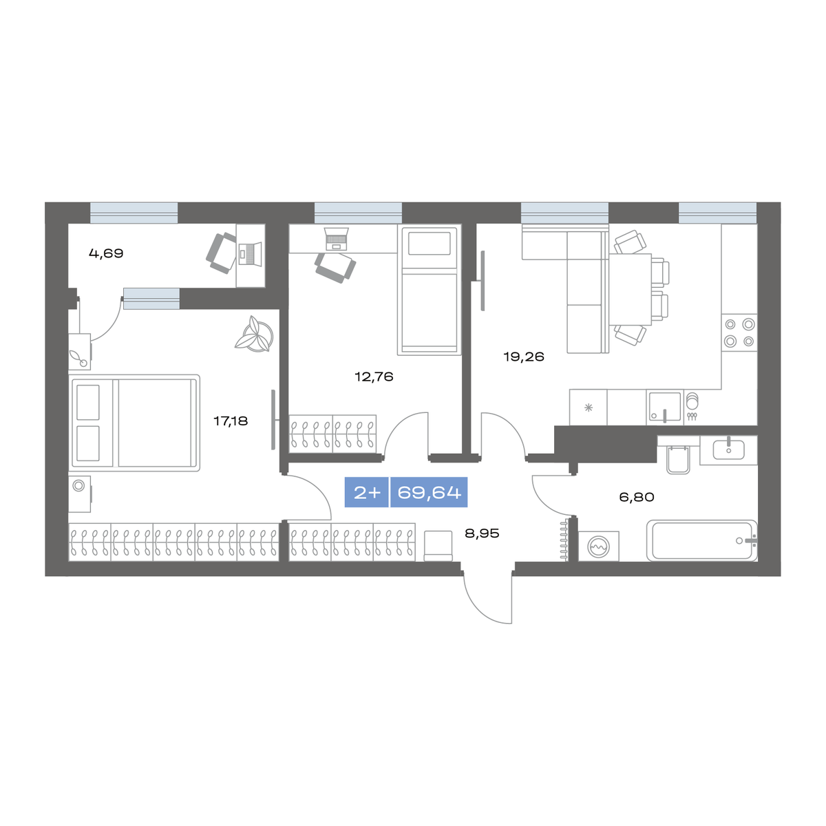 2-комнатная 69 м2 в ЖК Пятнашка корпус null этаж 4