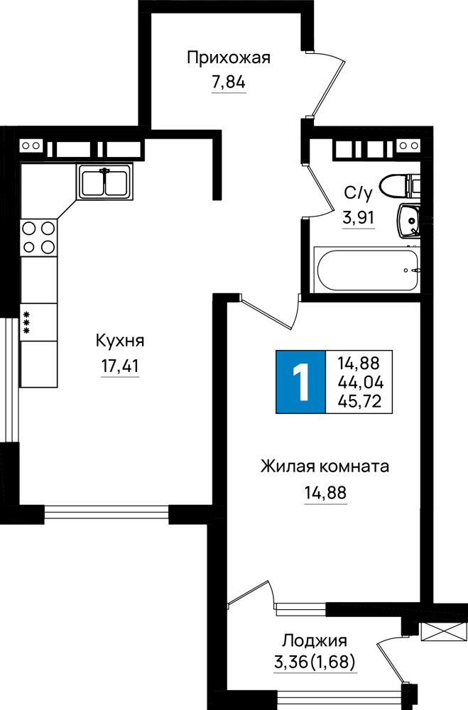 1-комнатная 45 м2 в ЖК Резиденция морей корпус null этаж 12