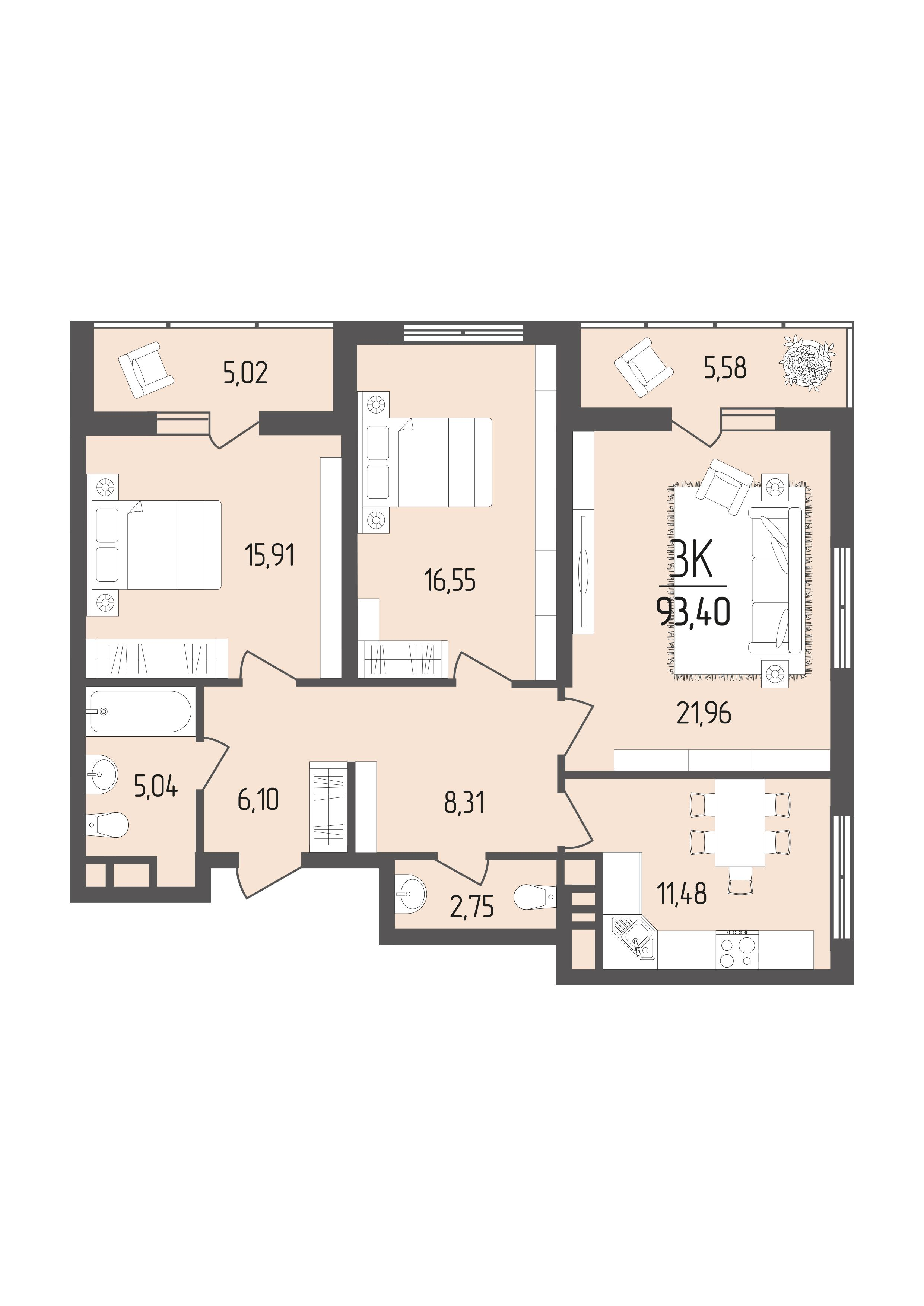 3-комнатная 93 м2 в ЖК Кумир корпус null этаж 7