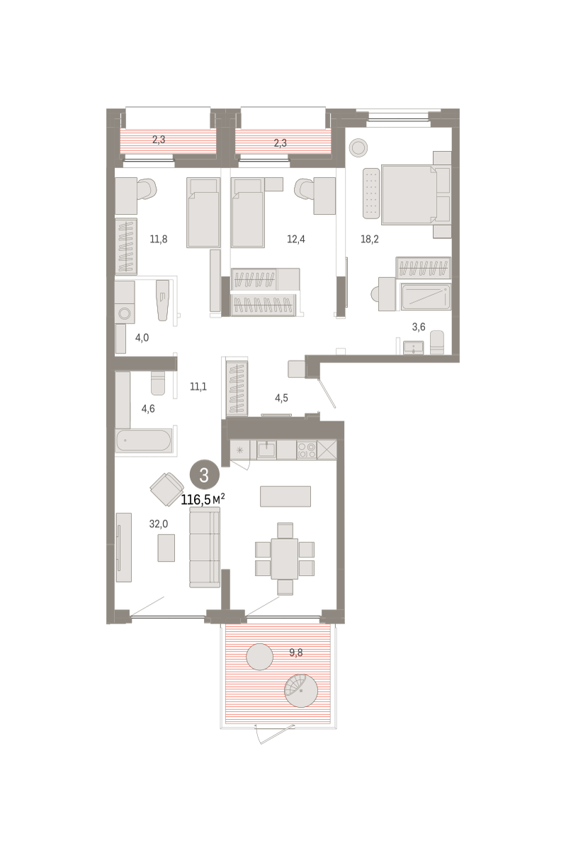 3-комнатная 116 м2 в ЖК Зарека корпус null этаж 2