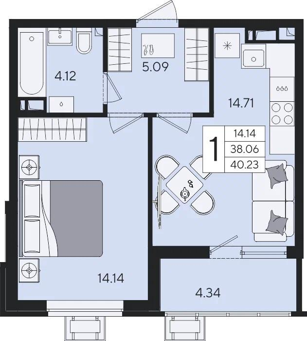 1-комнатная 40.2 м2 в ЖК undefined корпус null этаж 4