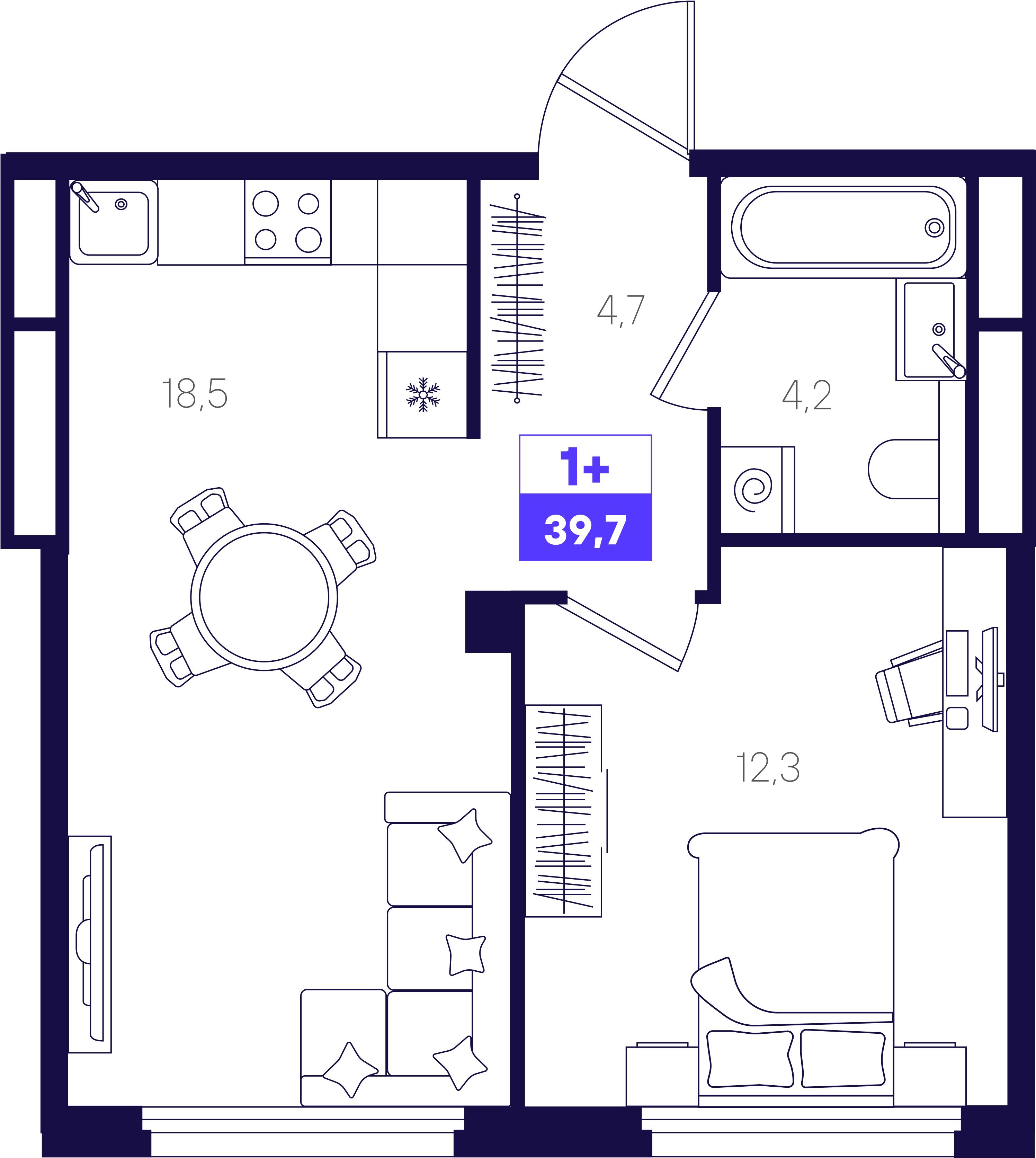 1-комнатная 39 м2 в ЖК Отличие корпус null этаж 3
