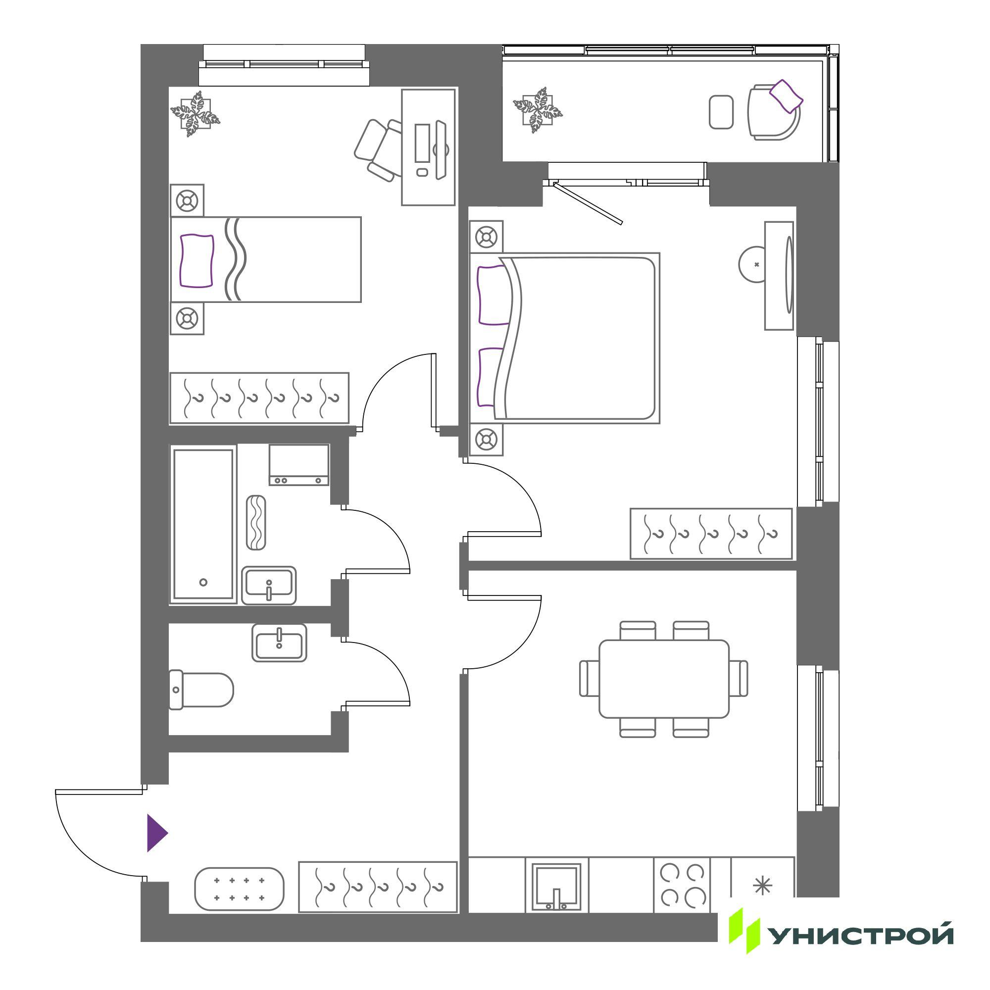 2-комнатная 52 м2 в ЖК Риверсайд корпус null этаж 9