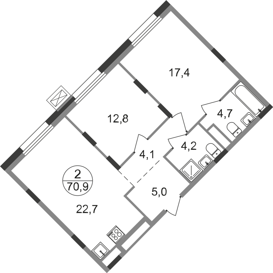 2-комнатная 70 м2 в ЖК Резиденции Сколково корпус null этаж 9