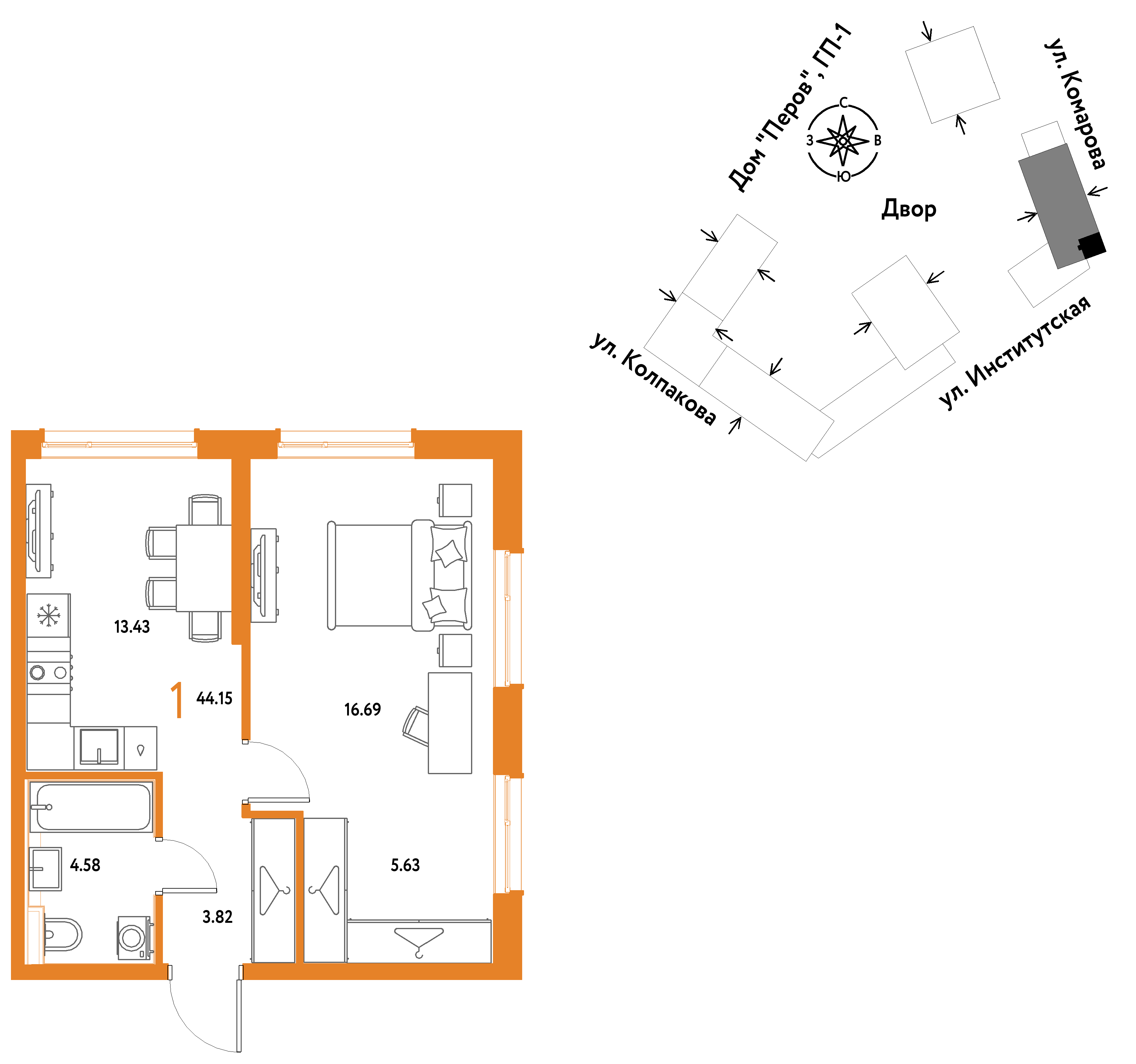 1-комнатная 44 м2 в ЖК Страна.Парковая корпус null этаж 10