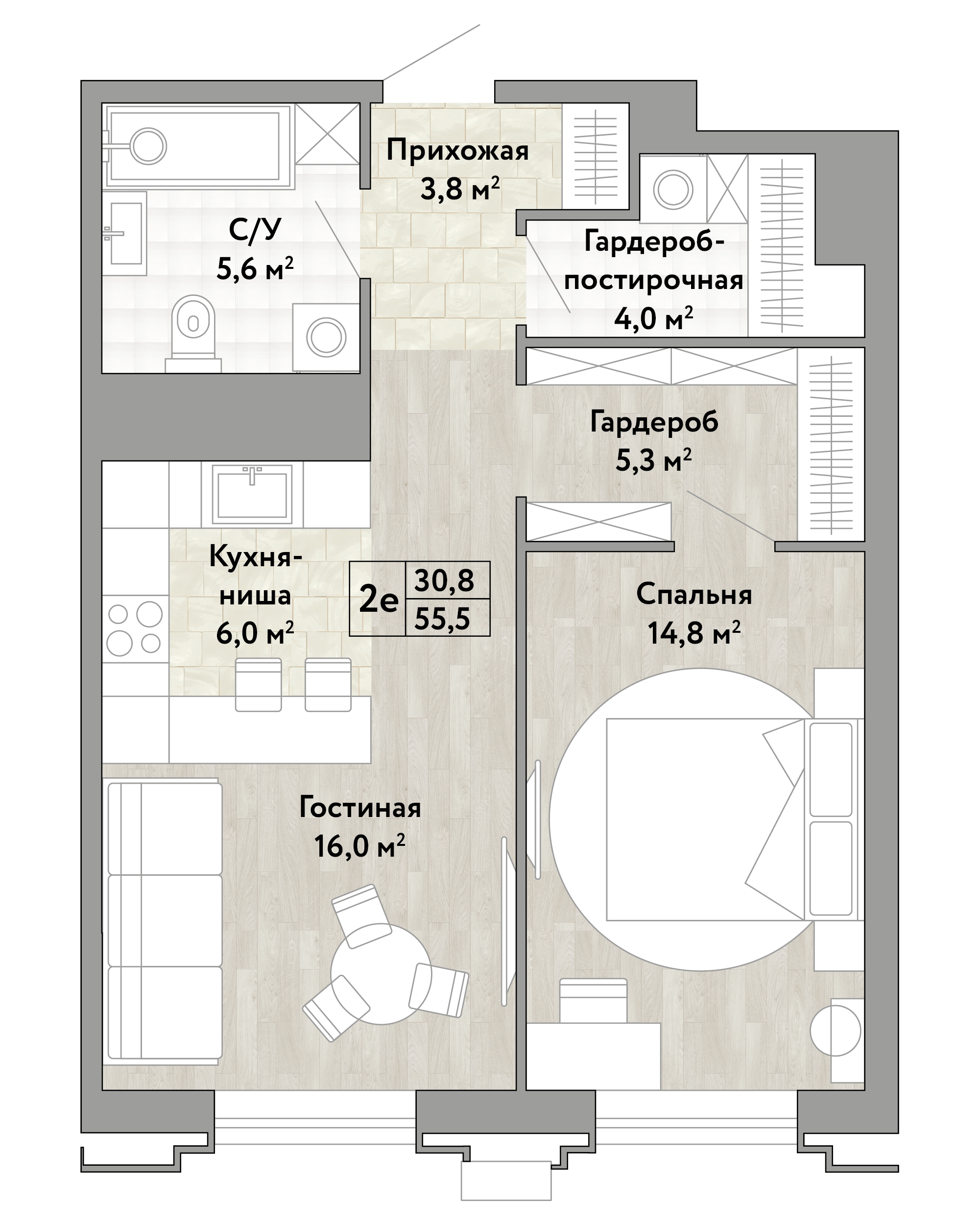 2-комнатная 55 м2 в ЖК Сердце Бонивура корпус null этаж 8