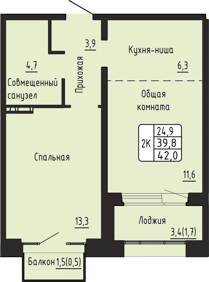 2-комнатная 42 м2 в ЖК Гренландия корпус null этаж 11