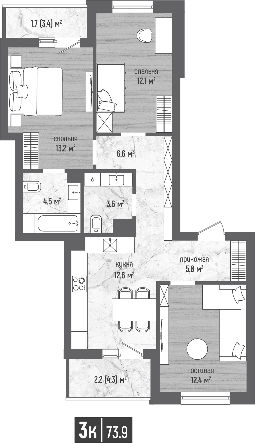 3-комнатная 73 м2 в ЖК Морена корпус null этаж 2