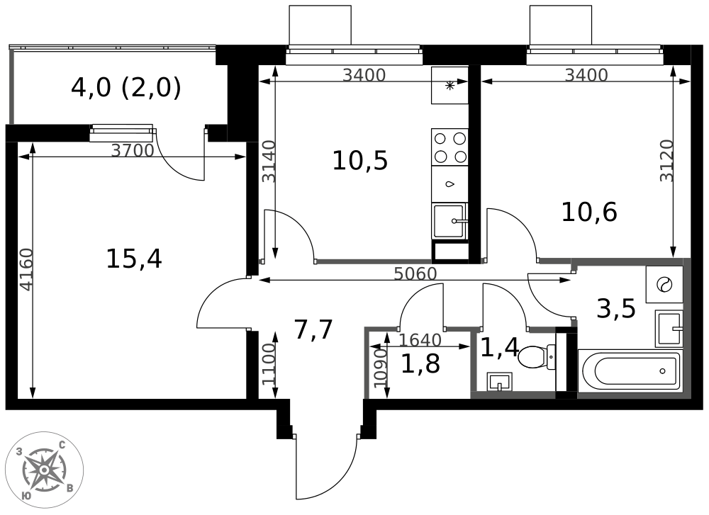 2-комнатная 52 м2 в ЖК 1-й Южный корпус null этаж 9