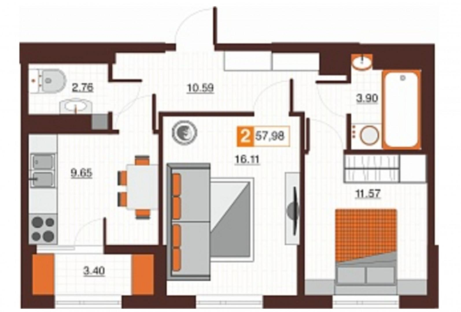 2-комнатная 58 м2 в ЖК undefined корпус null этаж 15