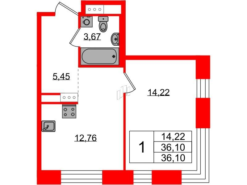 1-комнатная 36 м2 в ЖК PLUS Пулковский корпус null этаж 5