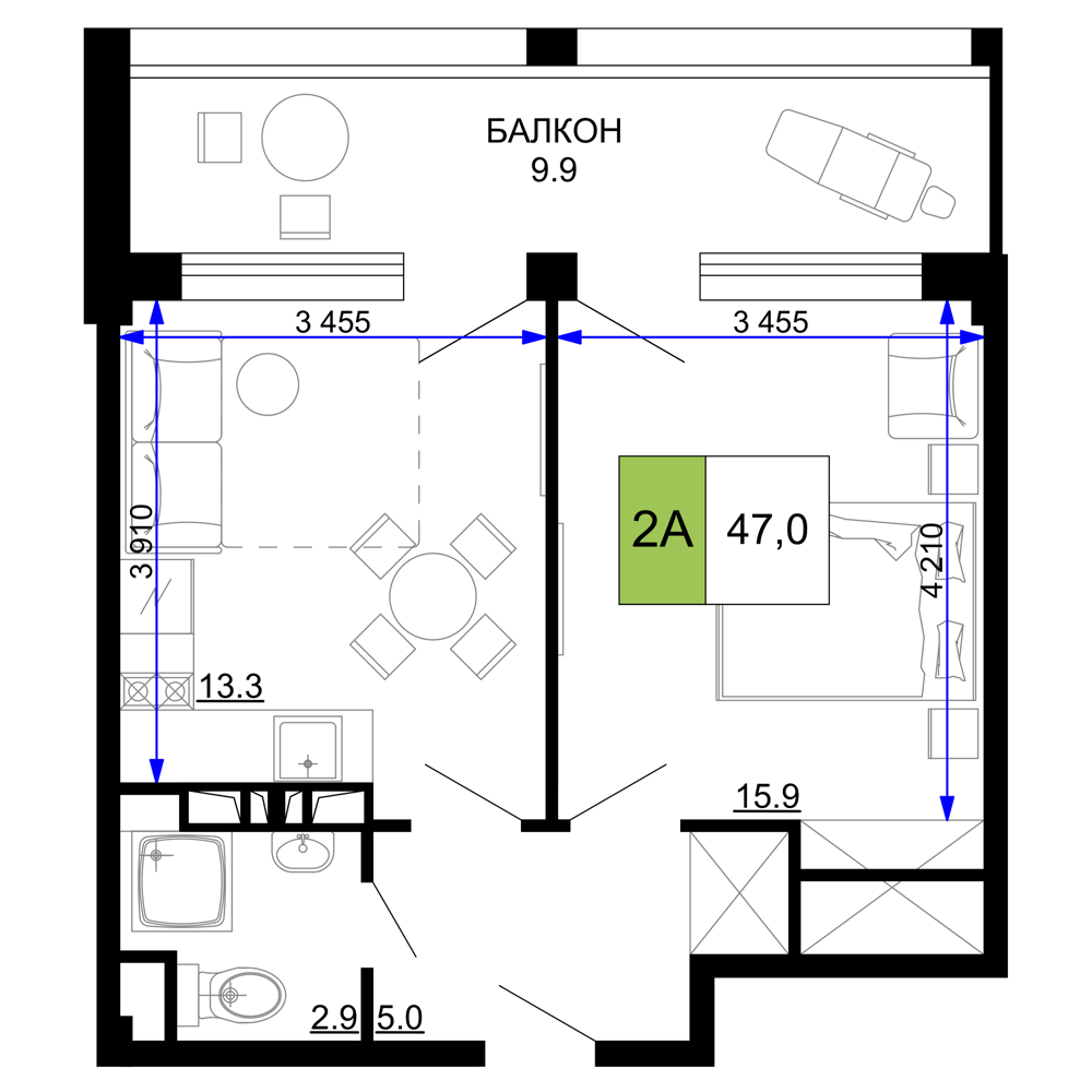 2-комнатная 47 м2 в ЖК Мореград корпус null этаж 5