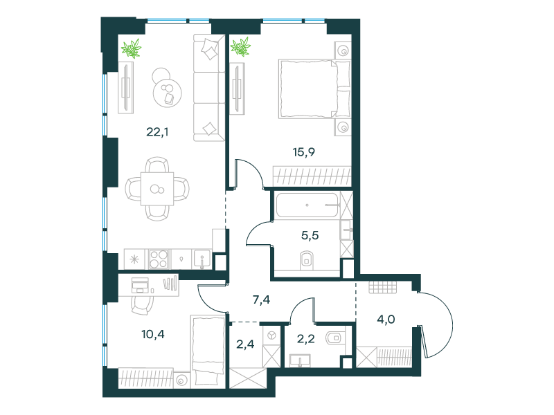 2-комнатная 69 м2 в ЖК Level Войковская корпус null этаж 3