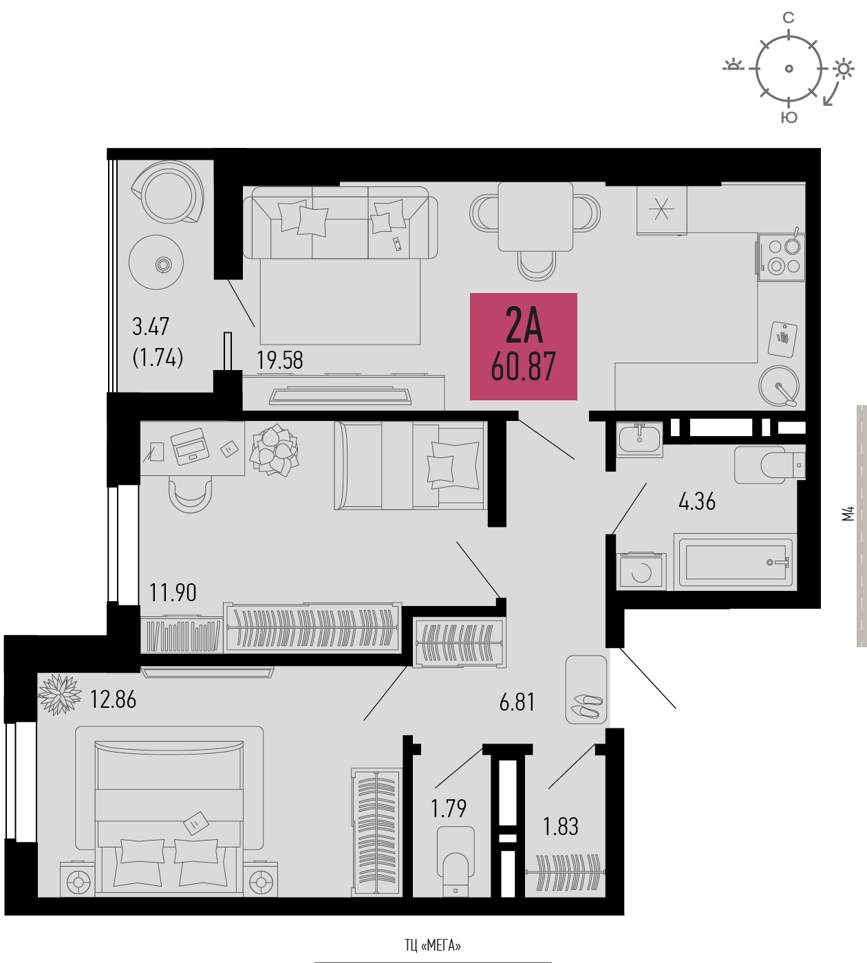 2-комнатная 60 м2 в ЖК Столицыно корпус null этаж 4