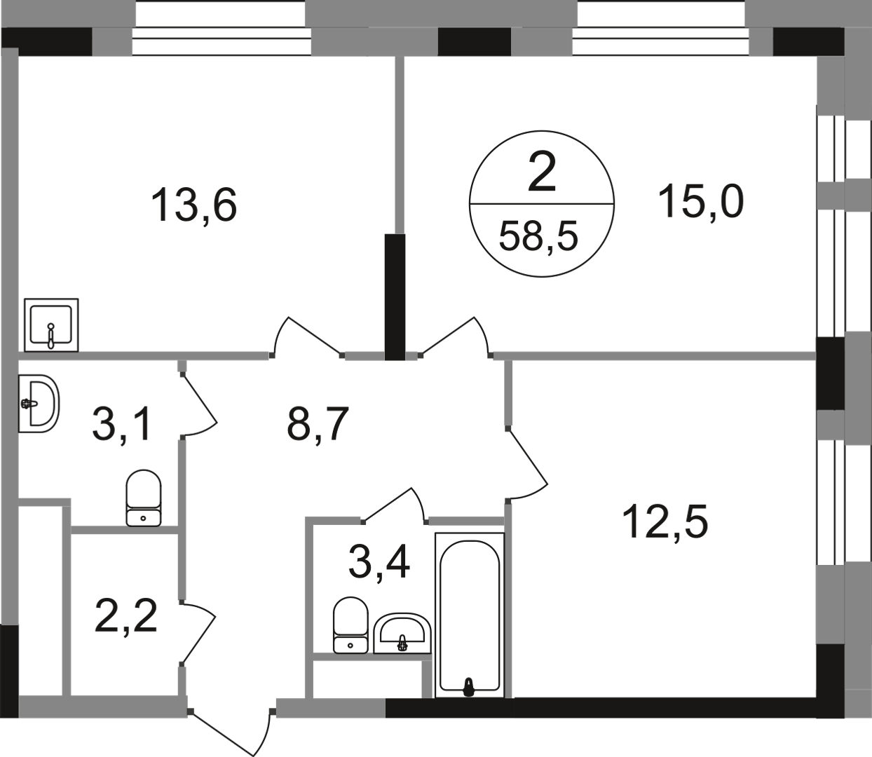 2-комнатная 58 м2 в ЖК Первый Московский корпус null этаж 11