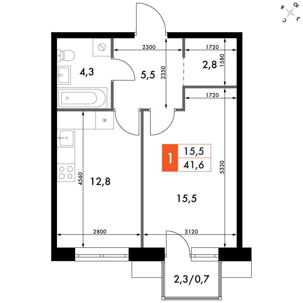 1-комнатная 41 м2 в ЖК Флагман корпус null этаж 6