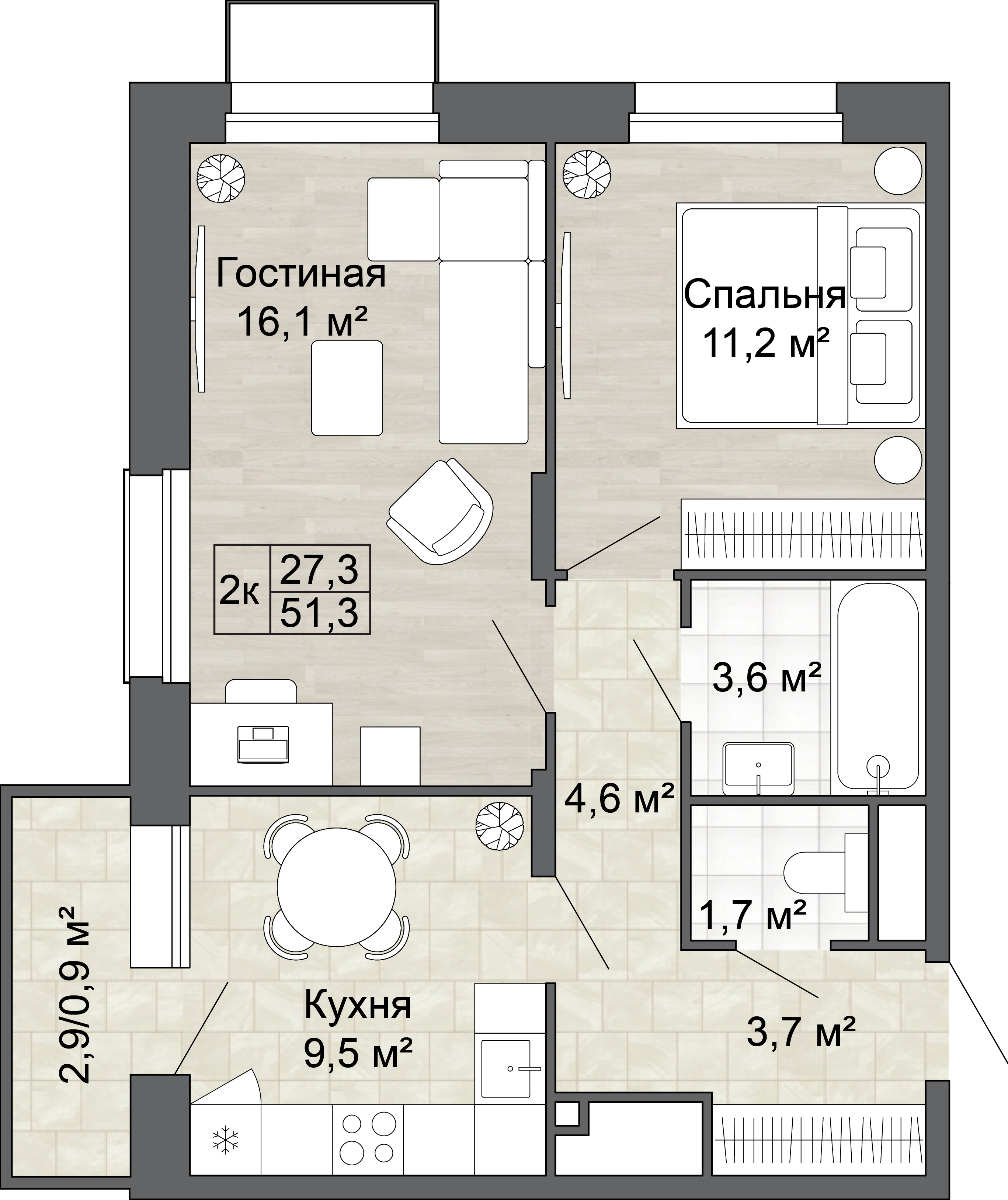2-комнатная 51 м2 в ЖК Яблоневый Сад корпус null этаж 11