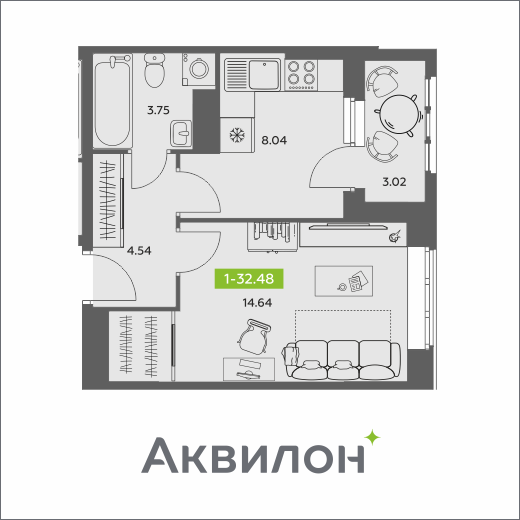 1-комнатная 32 м2 в ЖК Аквилон АКВАРТАЛ корпус null этаж 12
