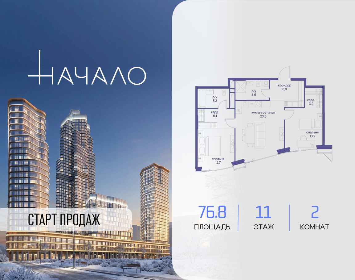 2-комнатная 76 м2 в ЖК Начало корпус null этаж 11